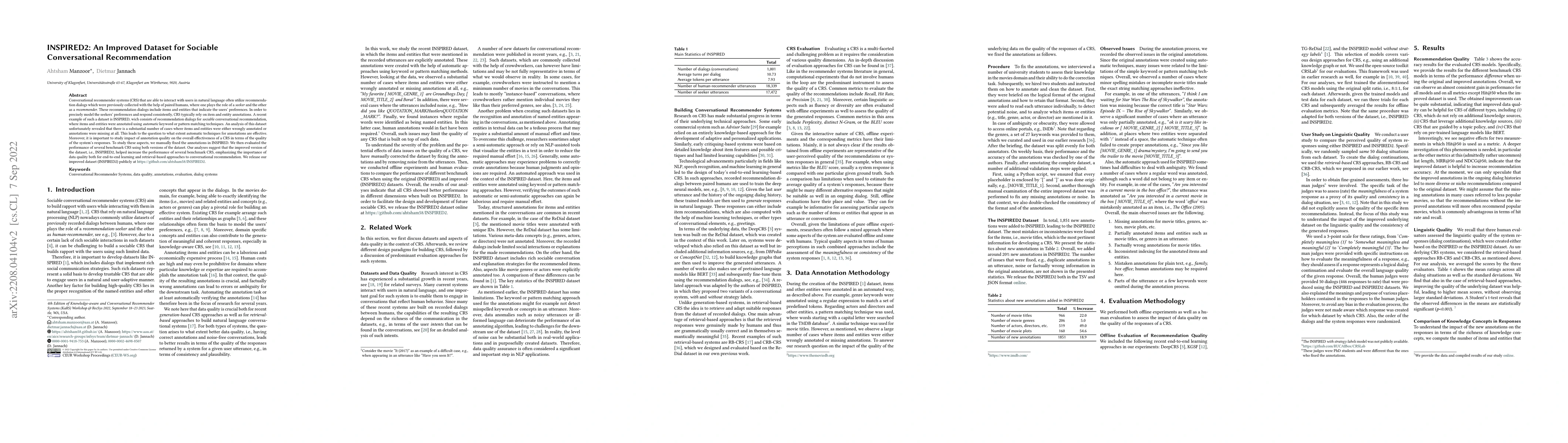 Thumbnail for INSPIRED2: An Improved Dataset for Sociable Conversational
  Recommendation