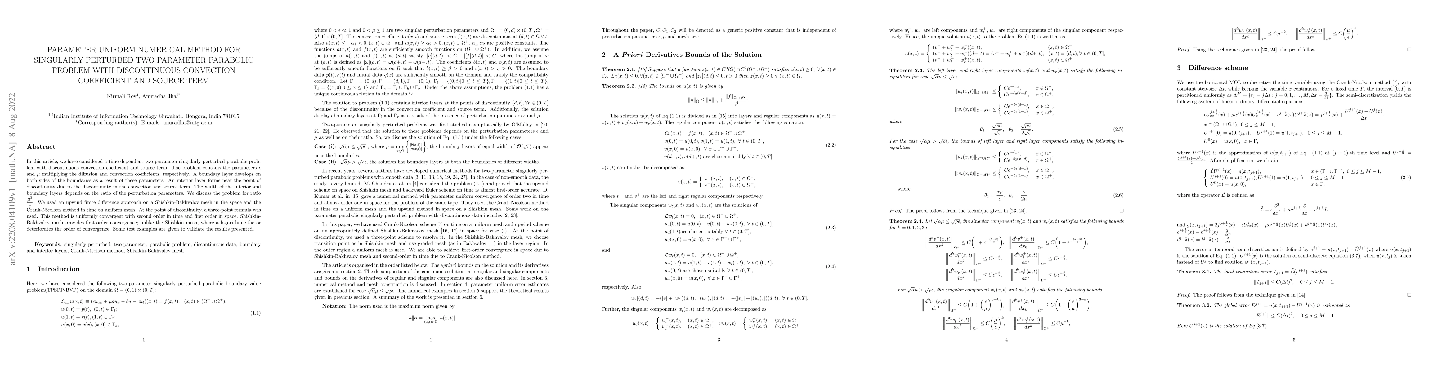 Thumbnail for Parameter uniform numerical method for singularly perturbed two
  parameter parabolic problem with discontinuous convection coefficient and
  source term