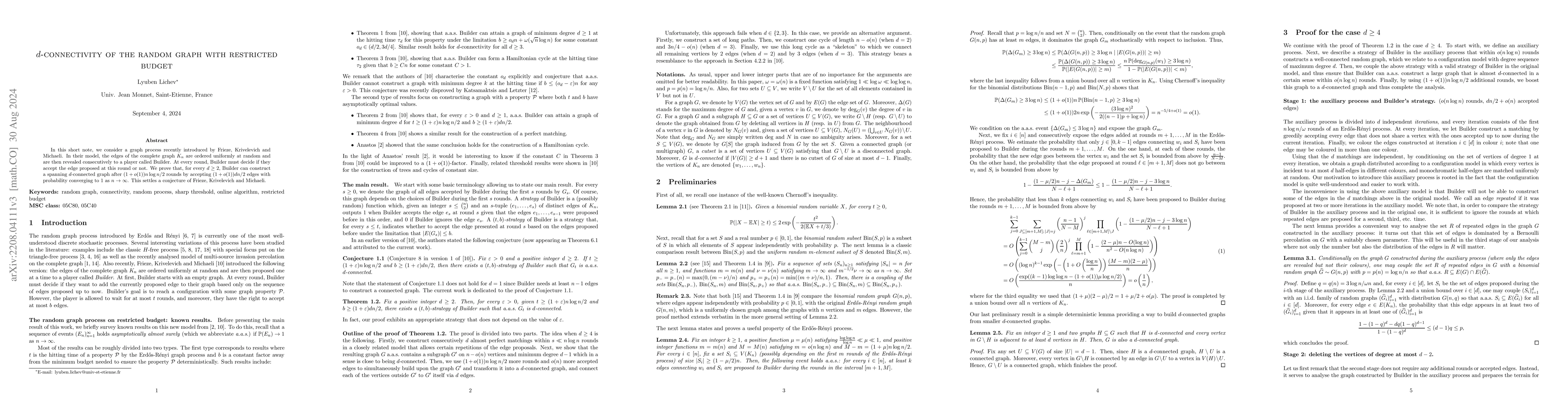 Thumbnail for $d$-connectivity of the random graph with restricted budget