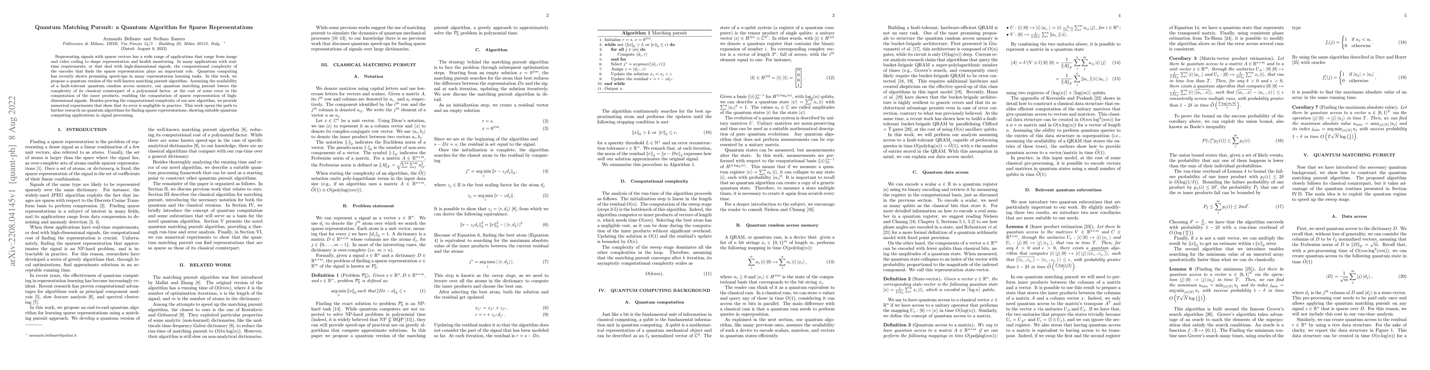 Thumbnail for Quantum matching pursuit: A quantum algorithm for sparse representations