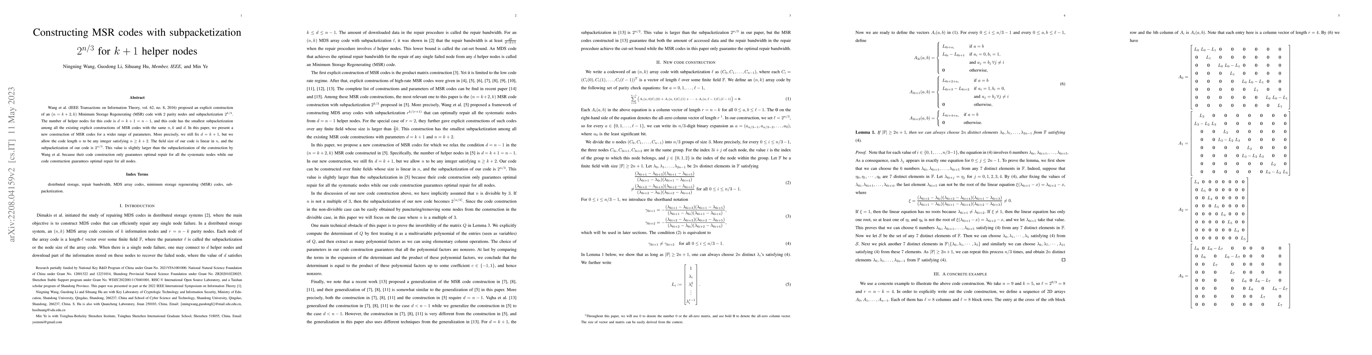 Thumbnail for Constructing MSR codes with subpacketization $2^{n/3}$ for $k+1$ helper
  nodes