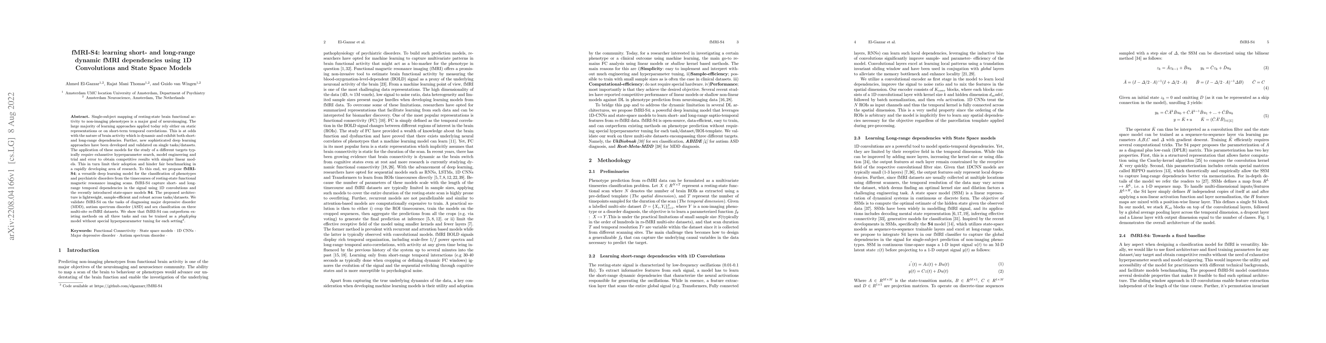 Thumbnail for fMRI-S4: learning short- and long-range dynamic fMRI dependencies using
  1D Convolutions and State Space Models