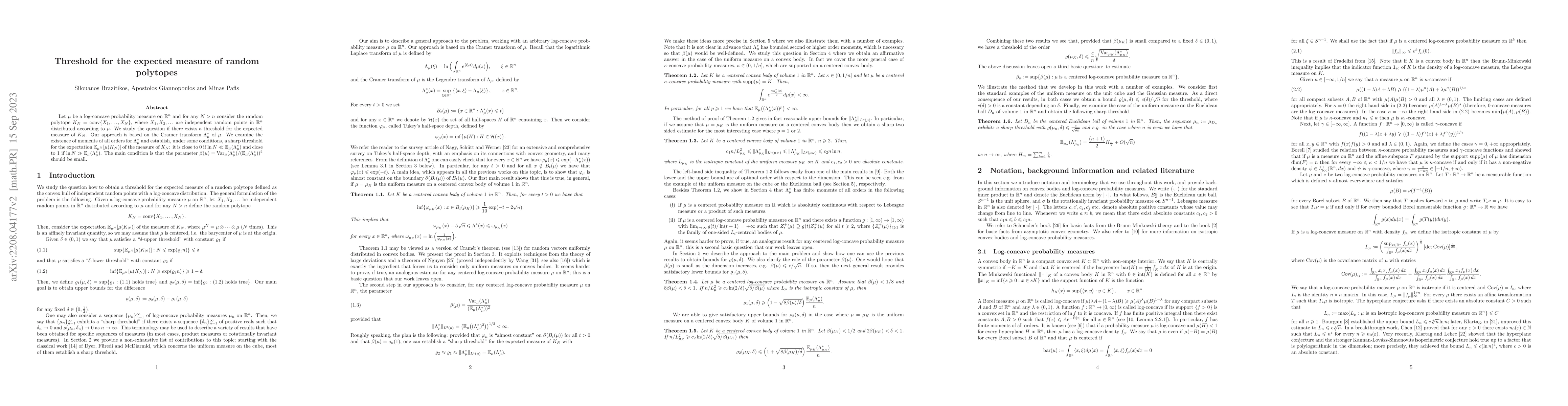 Thumbnail for Threshold for the expected measure of random polytopes