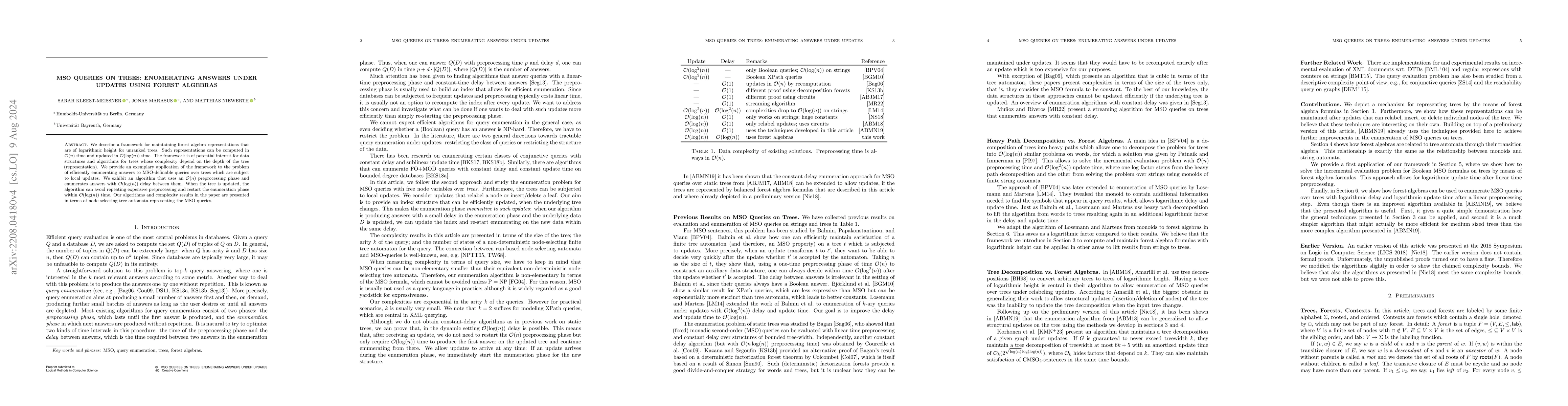 Thumbnail for MSO Queries on Trees: Enumerating Answers under Updates Using Forest
  Algebras