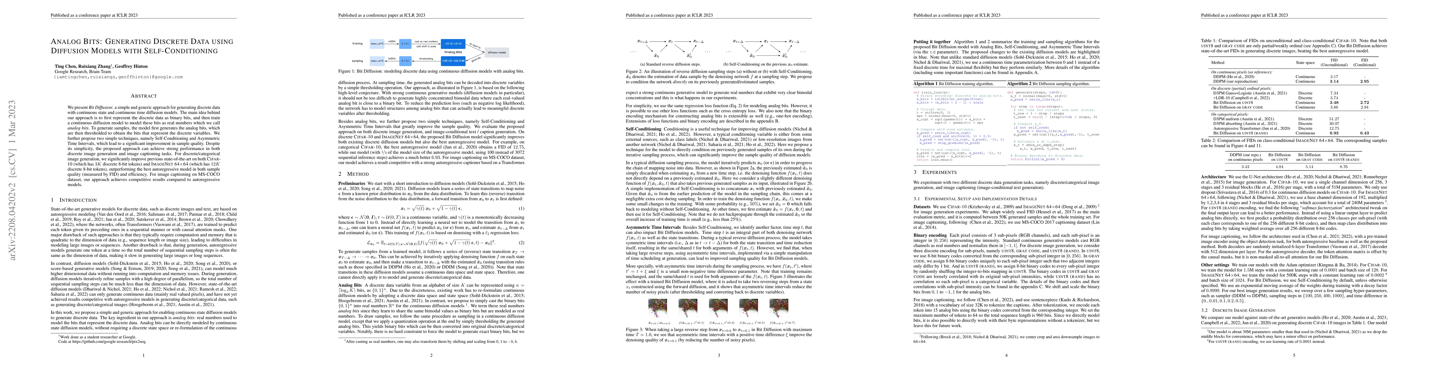 Thumbnail for Analog Bits: Generating Discrete Data using Diffusion Models with
  Self-Conditioning