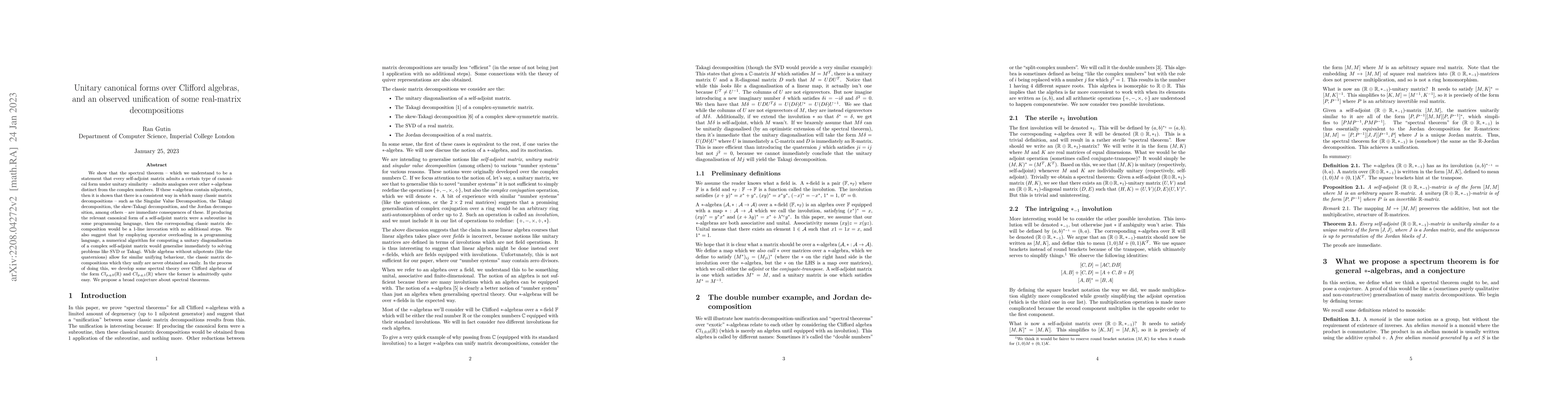 Thumbnail for Unitary canonical forms over Clifford algebras, and an observed
  unification of some real-matrix decompositions