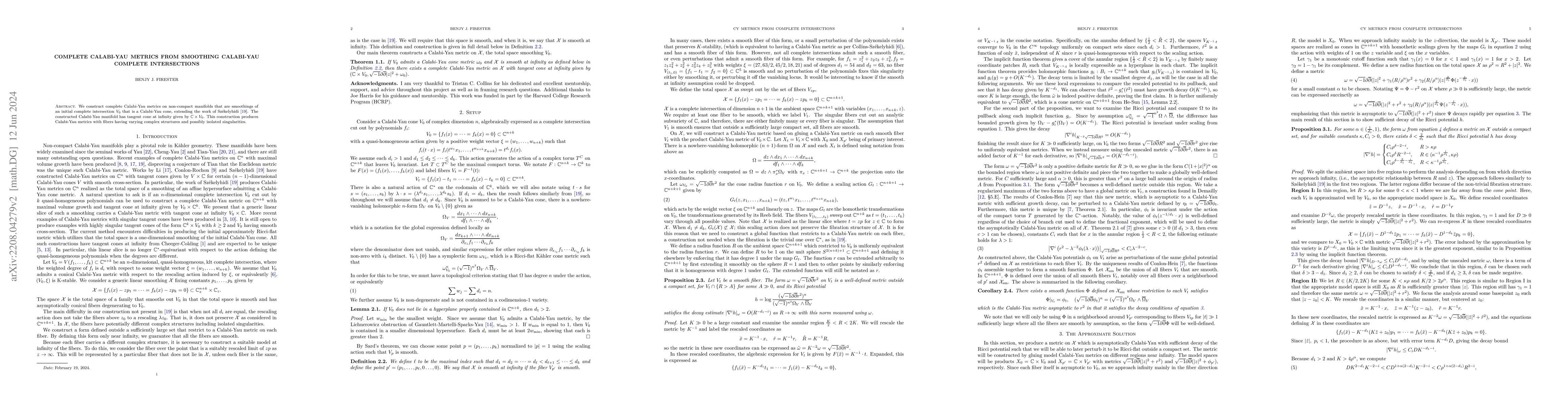 Thumbnail for Complete Calabi-Yau metrics from smoothing Calabi-Yau complete
  intersections