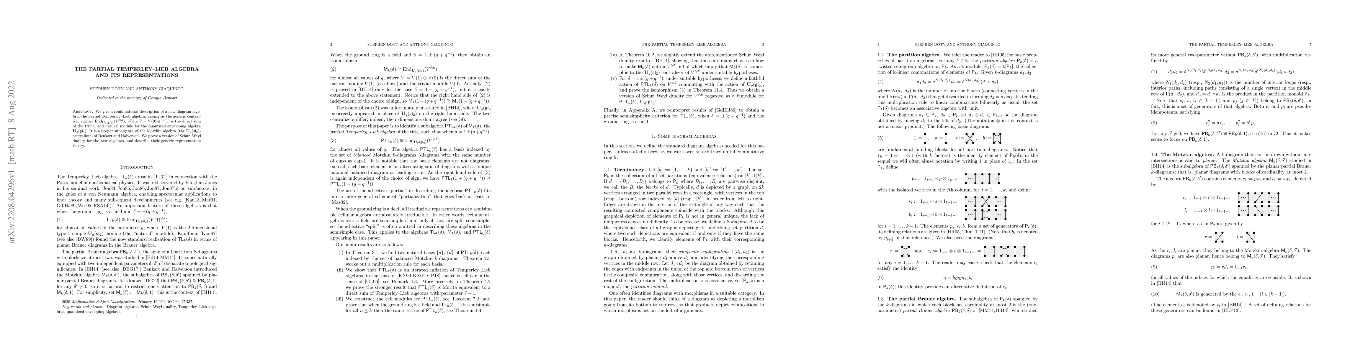 Thumbnail for The partial Temperley-Lieb algebra and its representations