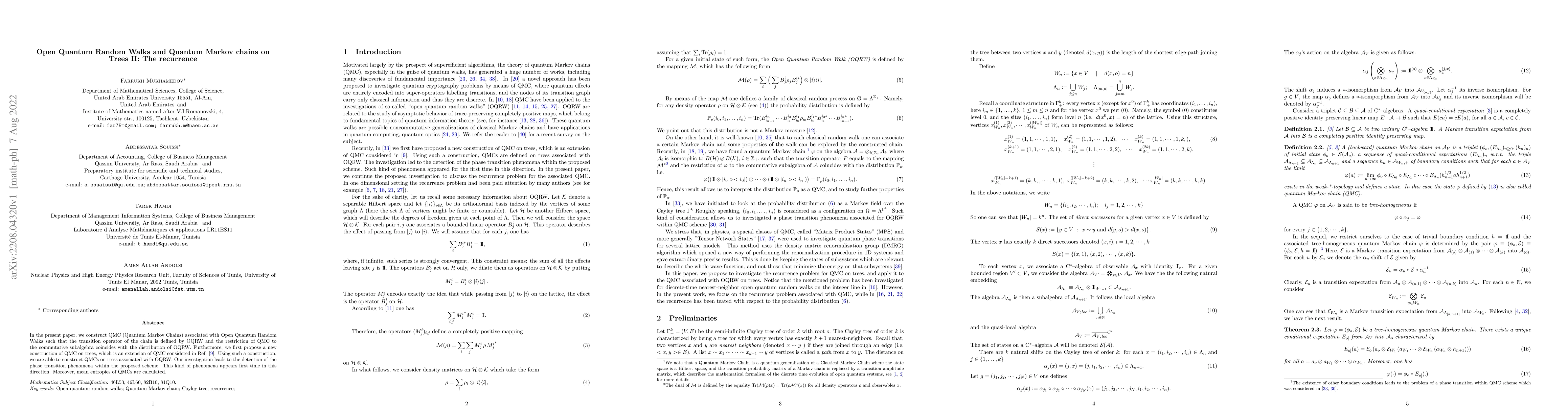 Thumbnail for Open Quantum Random Walks and Quantum Markov chains on Trees II: The
  recurrence