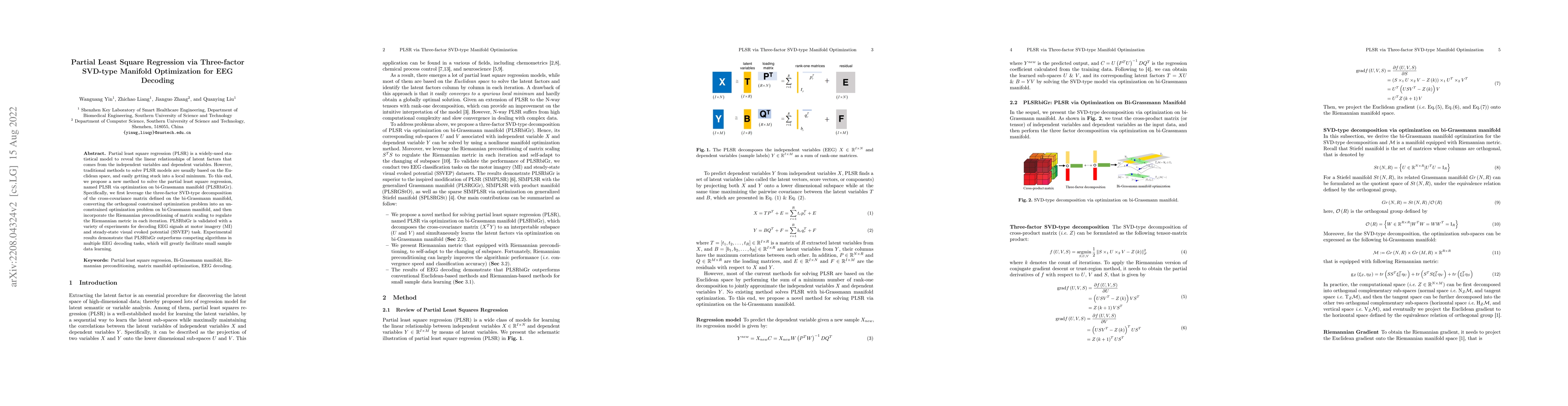 Thumbnail for Partial Least Square Regression via Three-factor SVD-type Manifold
  Optimization for EEG Decoding