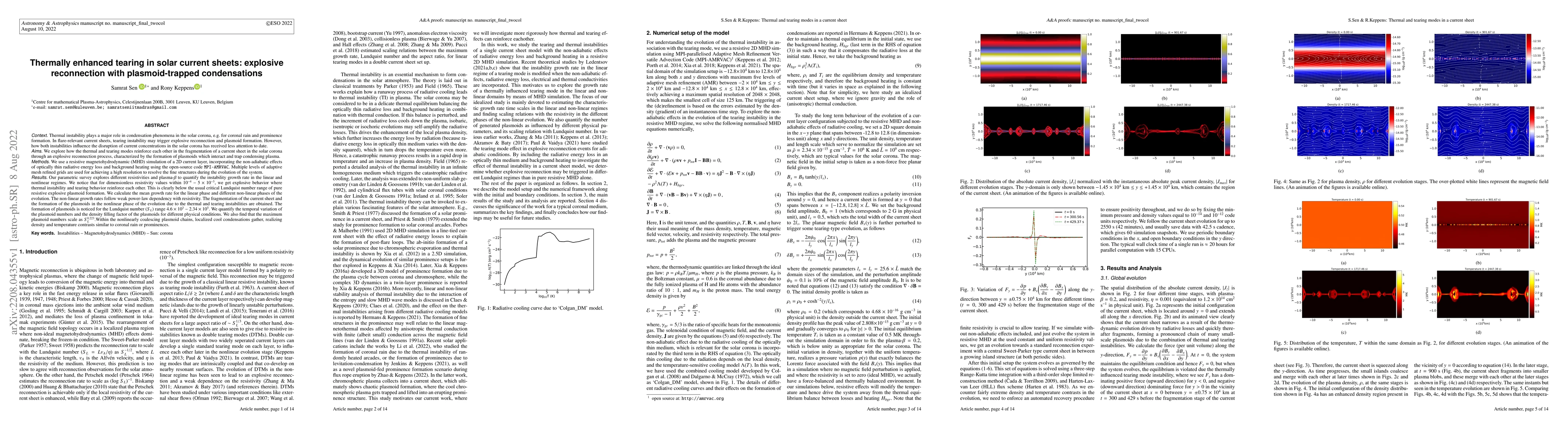 Thumbnail for Thermally enhanced tearing in solar current sheets: explosive
  reconnection with plasmoid-trapped condensations