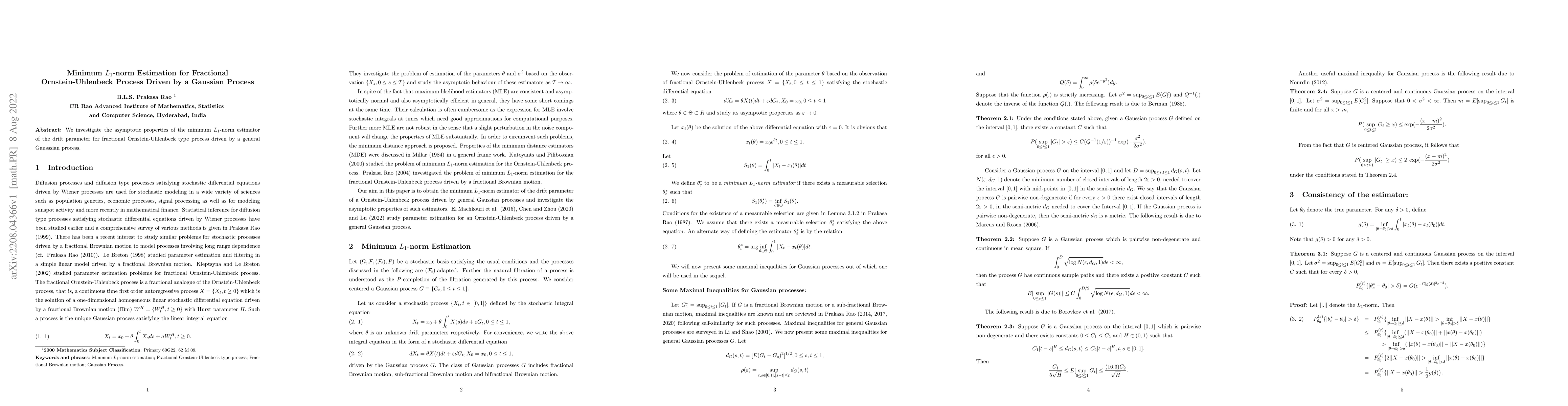 Thumbnail for Minimum $L_1$-norm estimation for fractional Ornstein-Uhlenbeck process
  driven by a Gaussian process