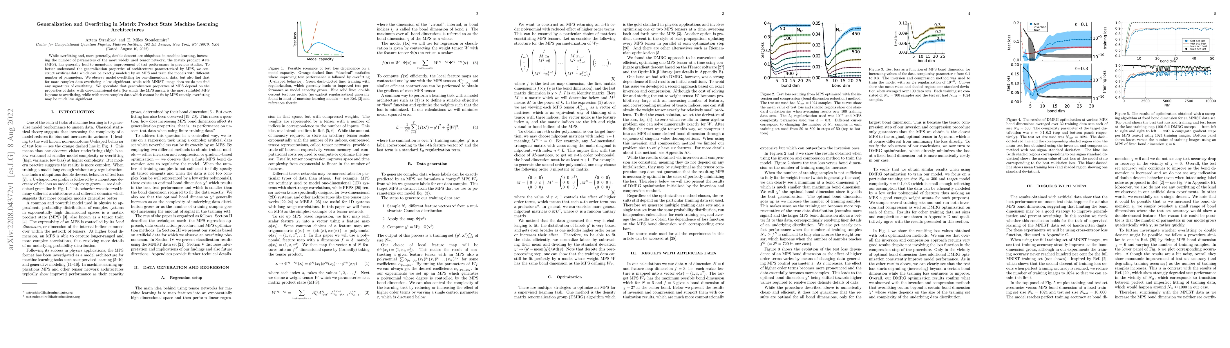 Thumbnail for Generalization and Overfitting in Matrix Product State Machine Learning
  Architectures