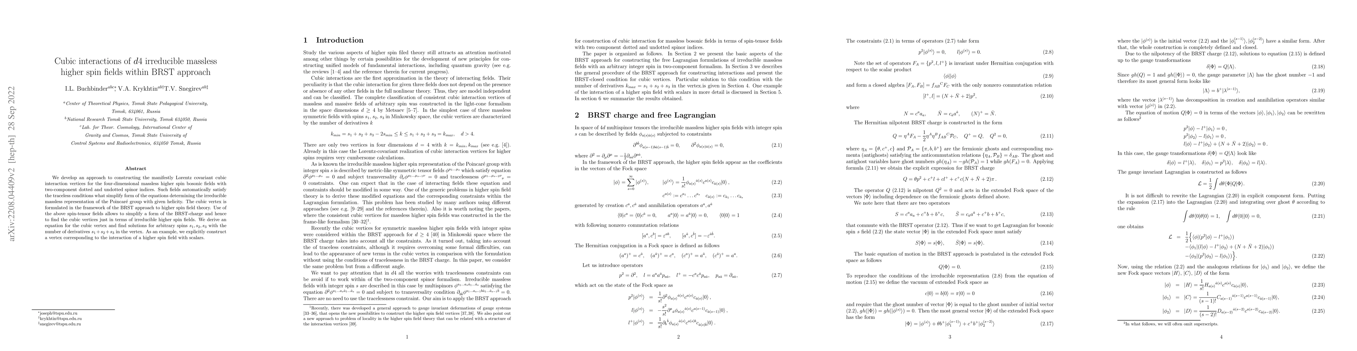 Thumbnail for Cubic interactions of d4 irreducible massless higher spin fields within
  BRST approach