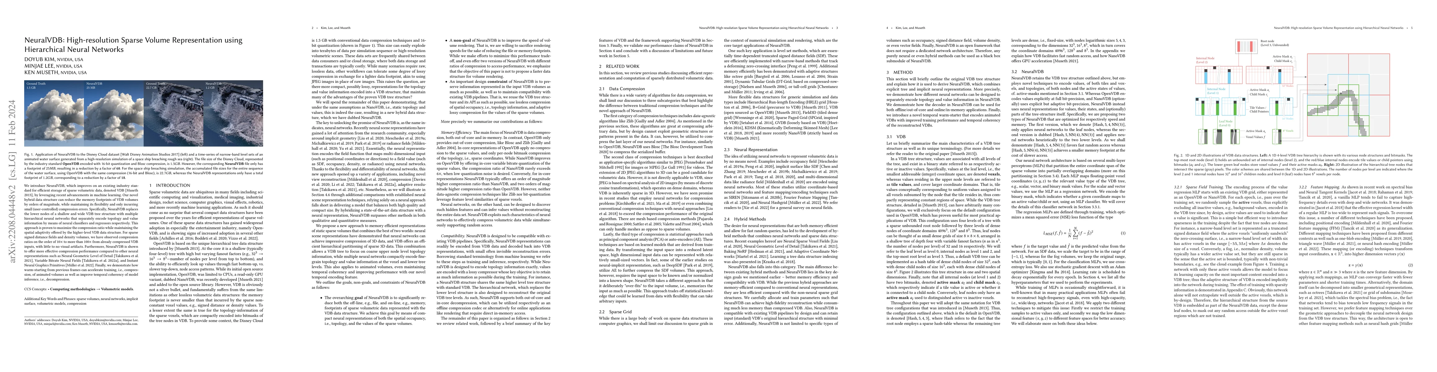 Thumbnail for NeuralVDB: High-resolution Sparse Volume Representation using
  Hierarchical Neural Networks