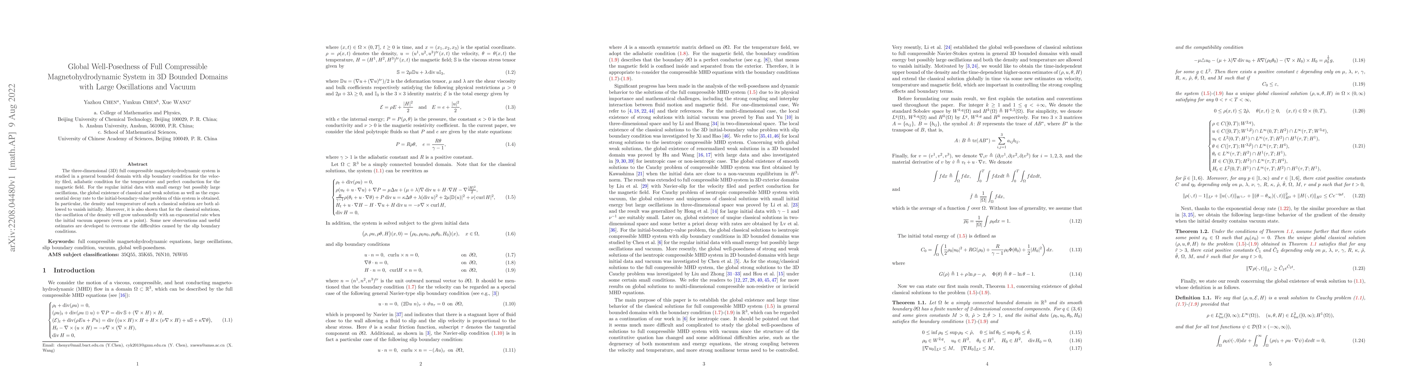 Thumbnail for Global Well-Posedness of Full Compressible Magnetohydrodynamic System in
  3D Bounded Domains with Large Oscillations and Vacuum