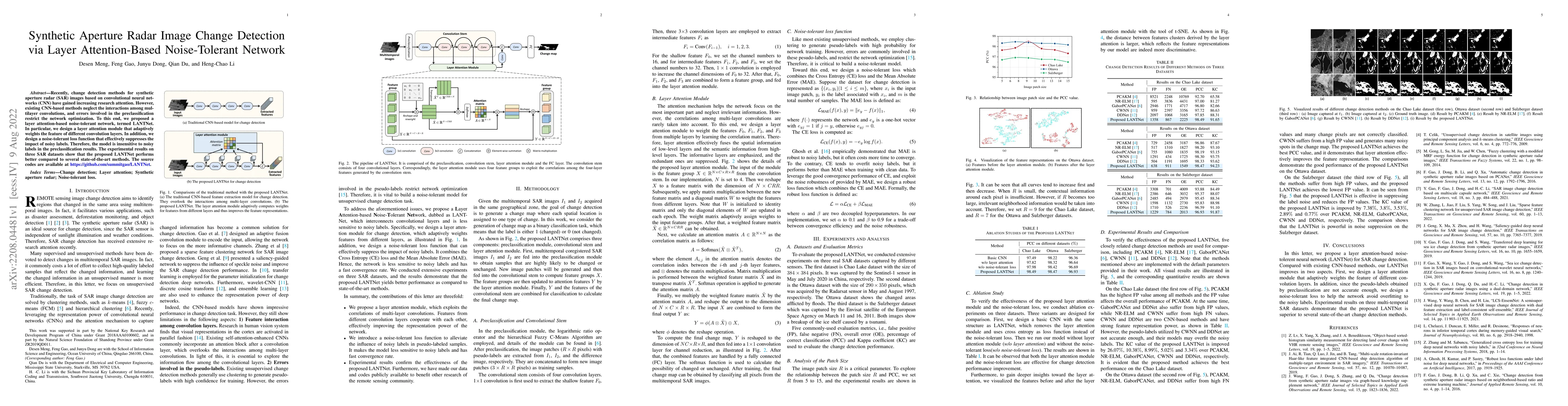 Thumbnail for Synthetic Aperture Radar Image Change Detection via Layer
  Attention-Based Noise-Tolerant Network