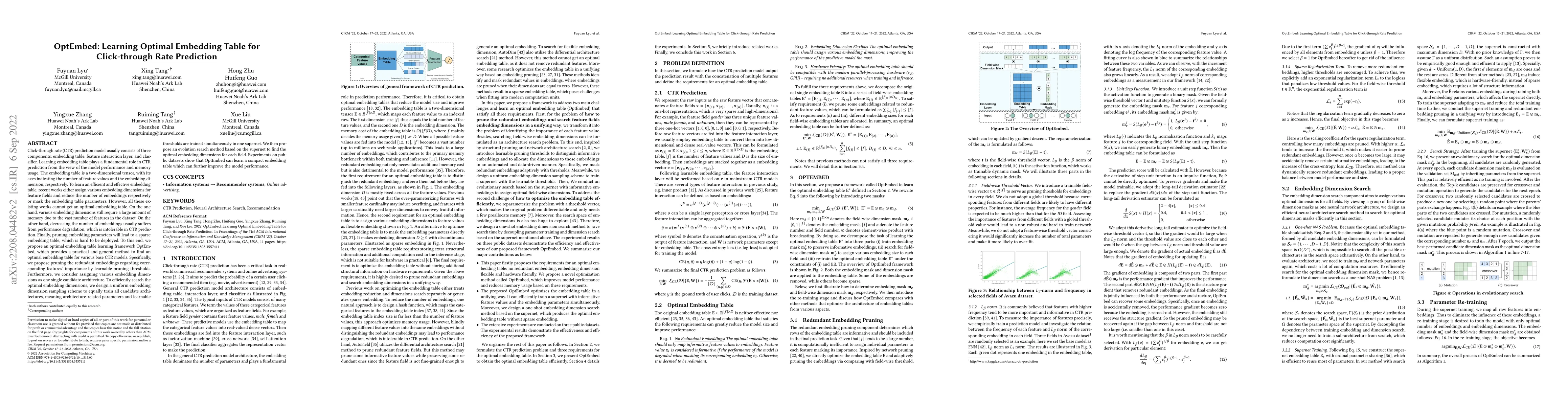Thumbnail for OptEmbed: Learning Optimal Embedding Table for Click-through Rate
  Prediction