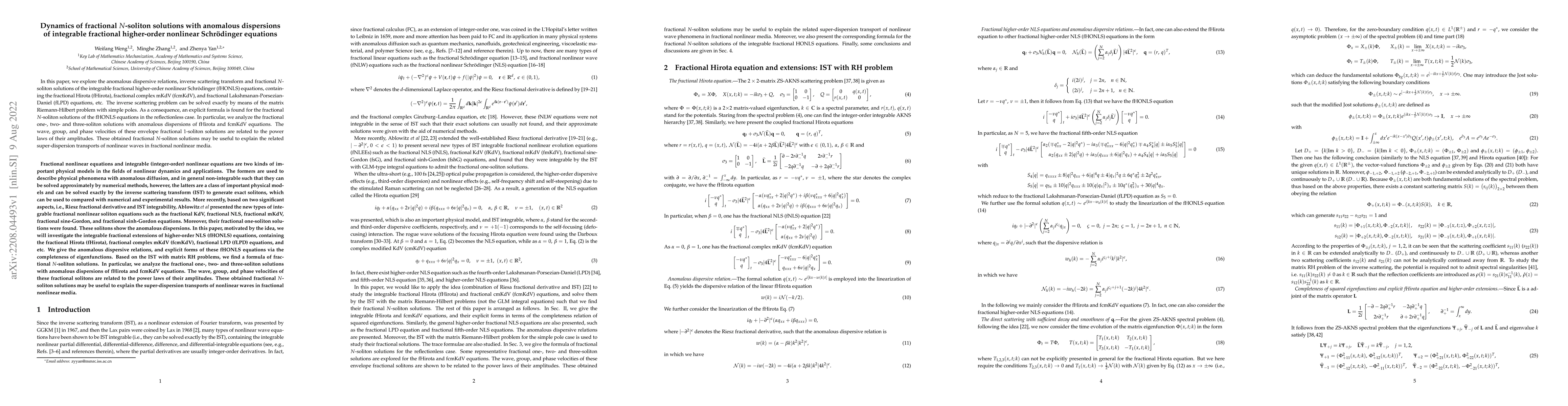 Thumbnail for Dynamics of fractional N-soliton solutions with anomalous dispersions of
  integrable fractional higher-order nonlinear Schr\"odinger equations