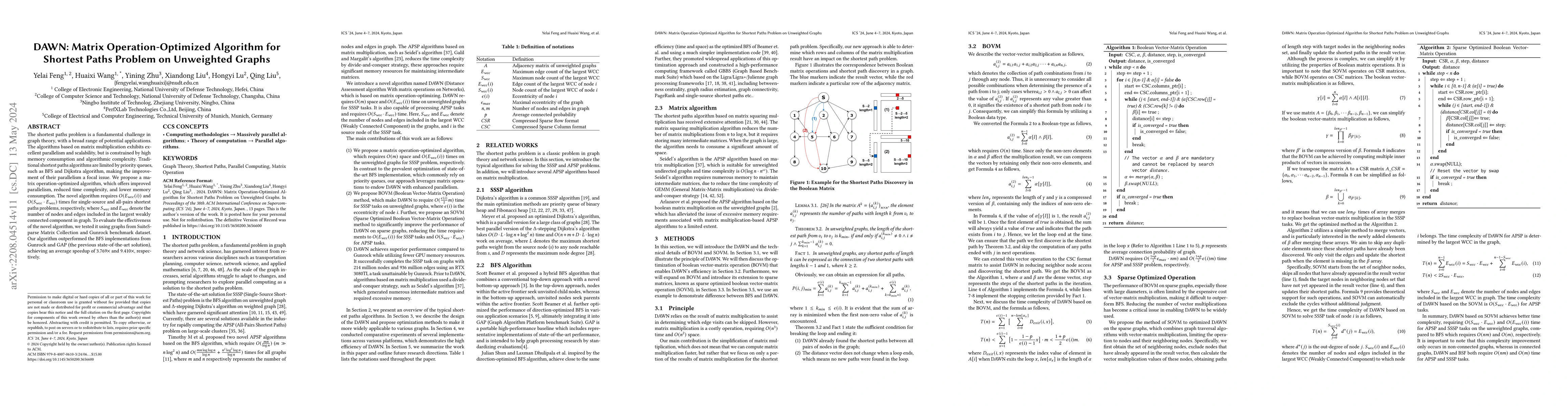 Thumbnail for DAWN: Matrix Operation-Optimized Algorithm for Shortest Paths Problem on
  Unweighted Graphs