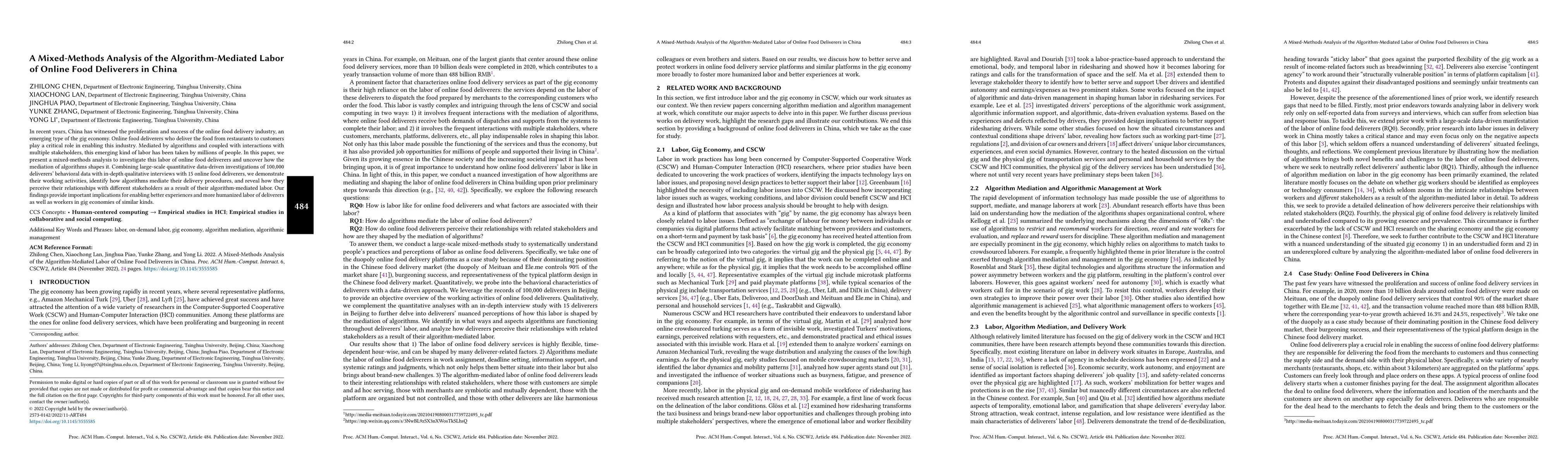 Thumbnail for A Mixed-Methods Analysis of the Algorithm-Mediated Labor of Online Food
  Deliverers in China