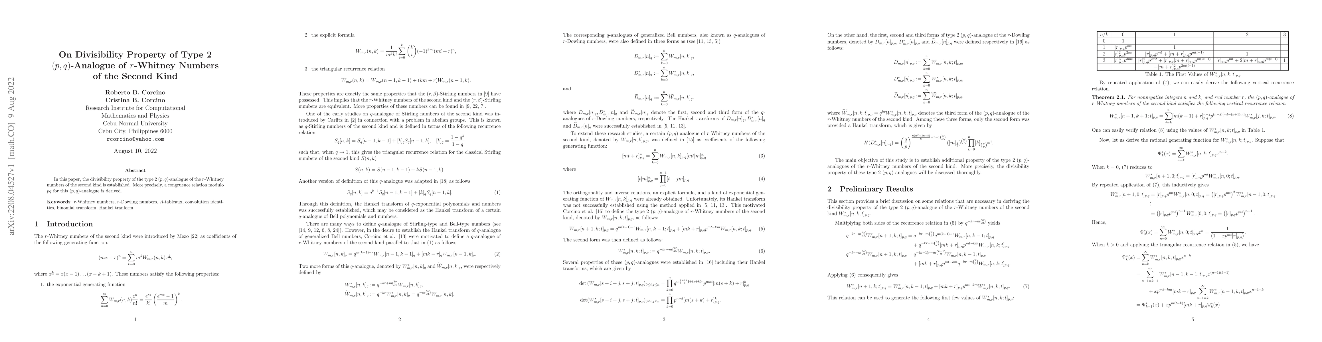Thumbnail for On Divisibility Property of Type 2 $(p,q)$-Analogue of $r$-Whitney
  Numbers of the Second Kind