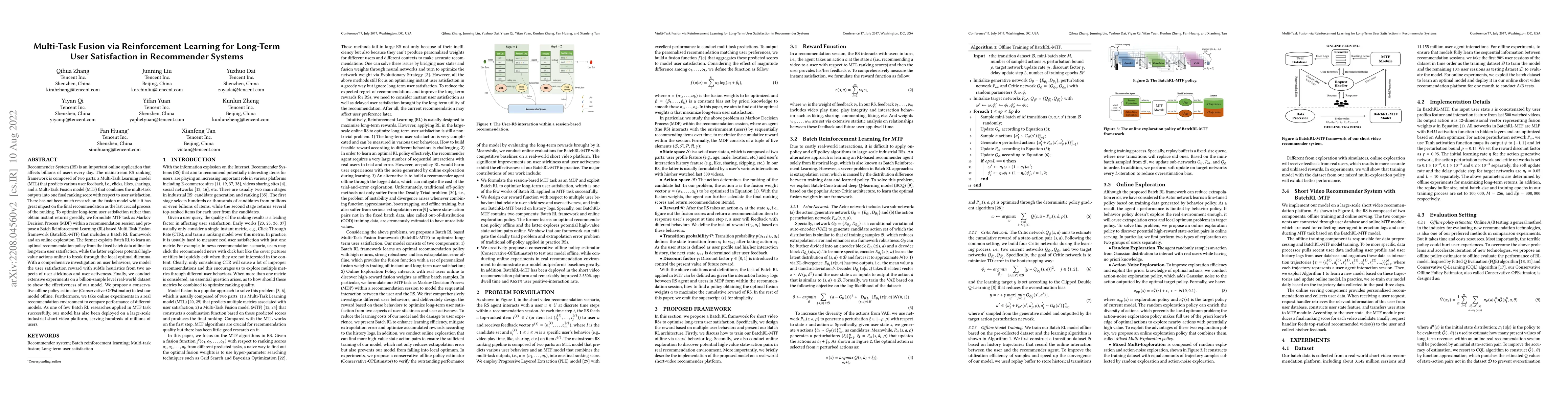 Thumbnail for Multi-Task Fusion via Reinforcement Learning for Long-Term User
  Satisfaction in Recommender Systems
