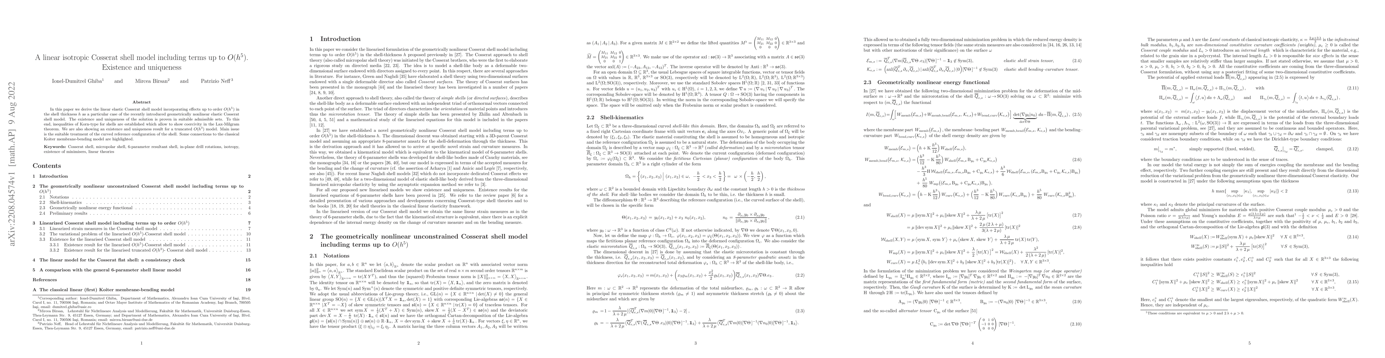Thumbnail for A linear isotropic Cosserat shell model including terms up to $O(h^5)$.
  Existence and uniqueness
