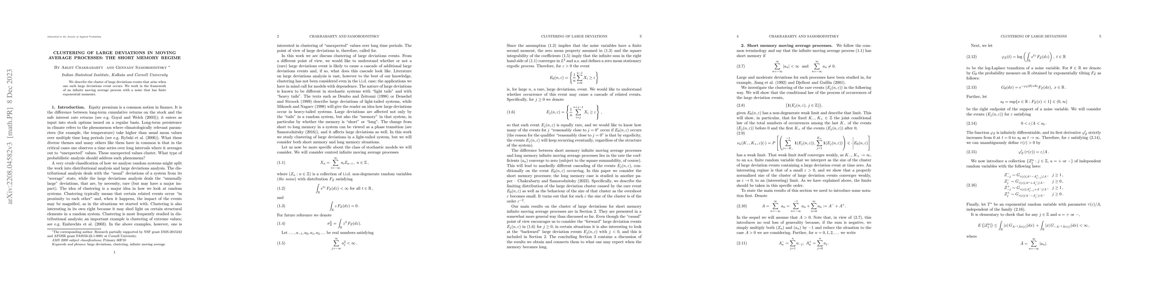 Thumbnail for Clustering of large deviations in moving average processes: the short
  memory regime