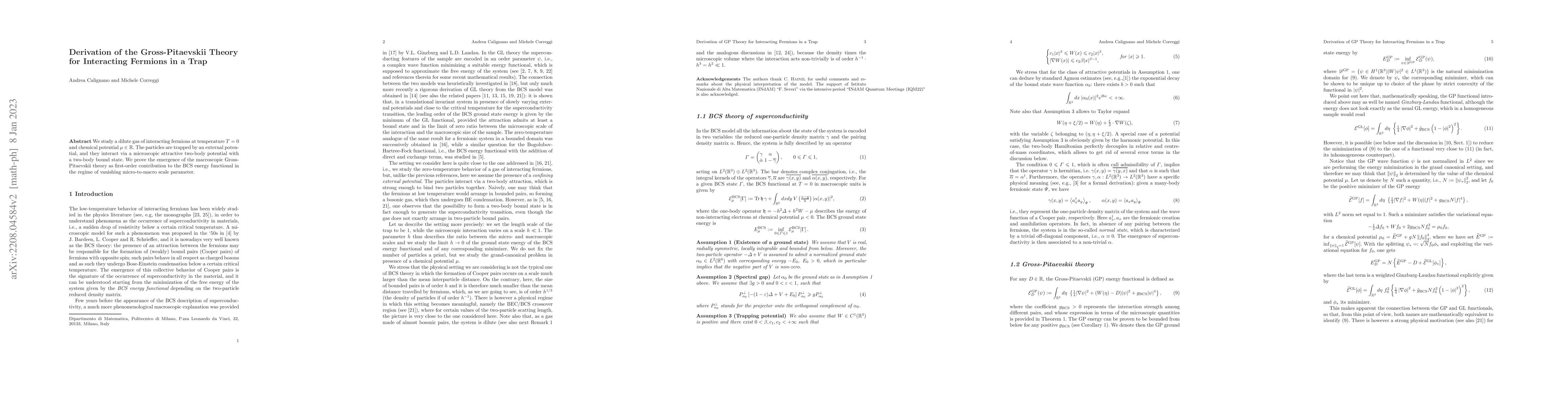 Thumbnail for Derivation of the Gross-Pitaevskii Theory for Interacting Fermions in a
  Trap