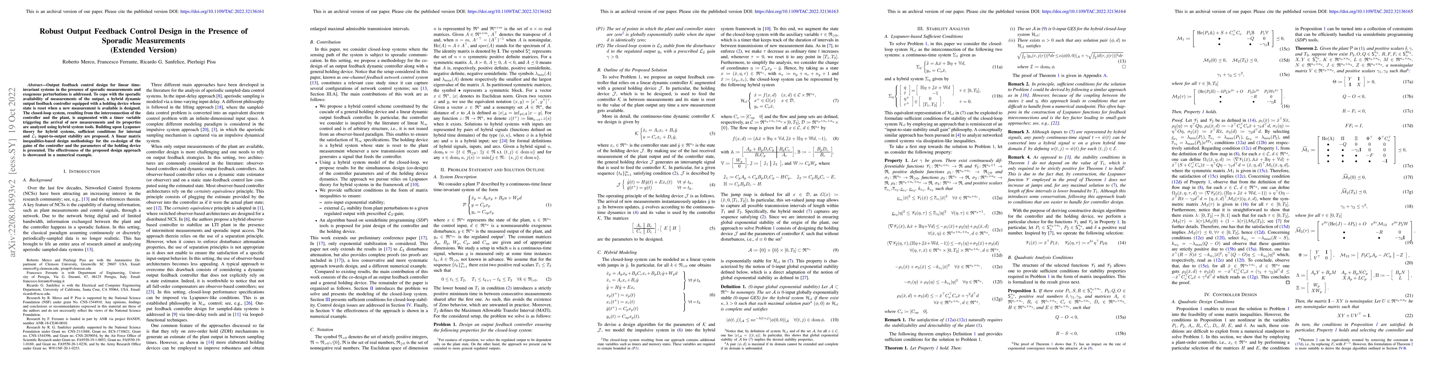 Thumbnail for Robust Output Feedback Control Design in the Presence of Sporadic
  Measurements