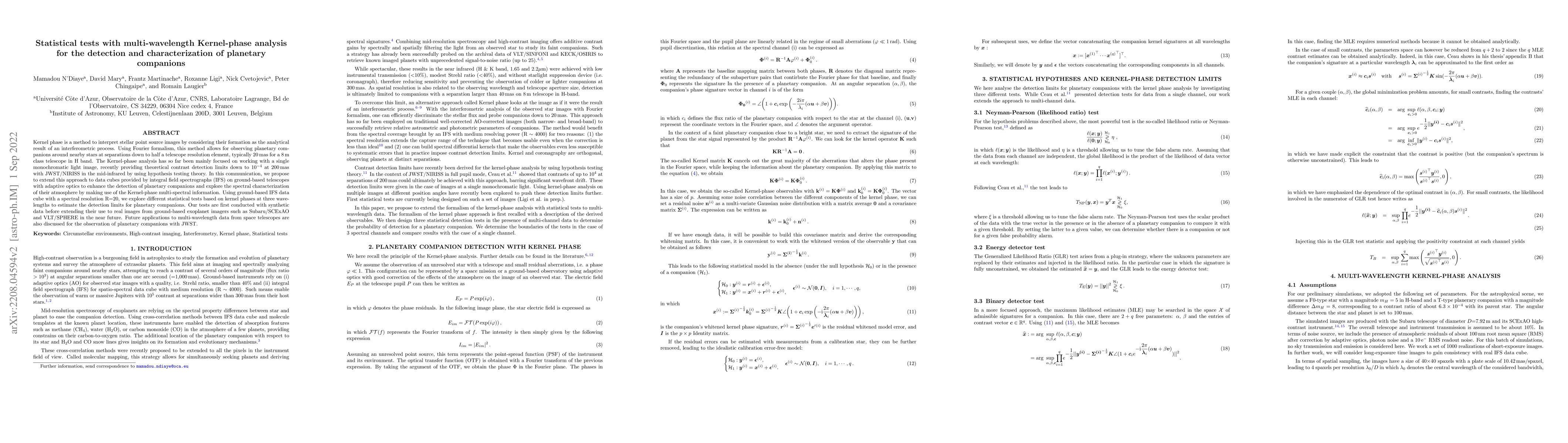 Thumbnail for Statistical tests with multi-wavelength Kernel-phase analysis for the
  detection and characterization of planetary companions