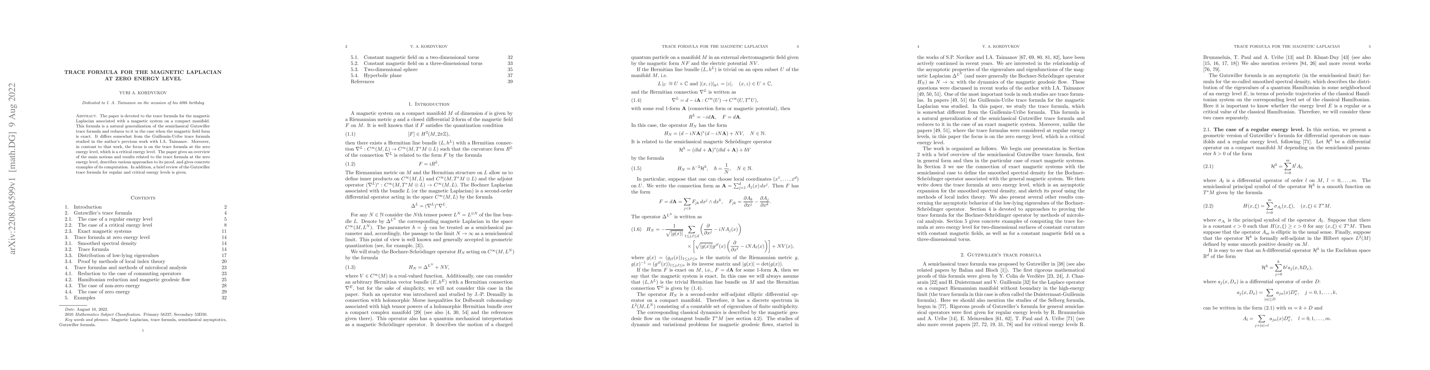 Thumbnail for Trace formula for the magnetic Laplacian at zero energy level