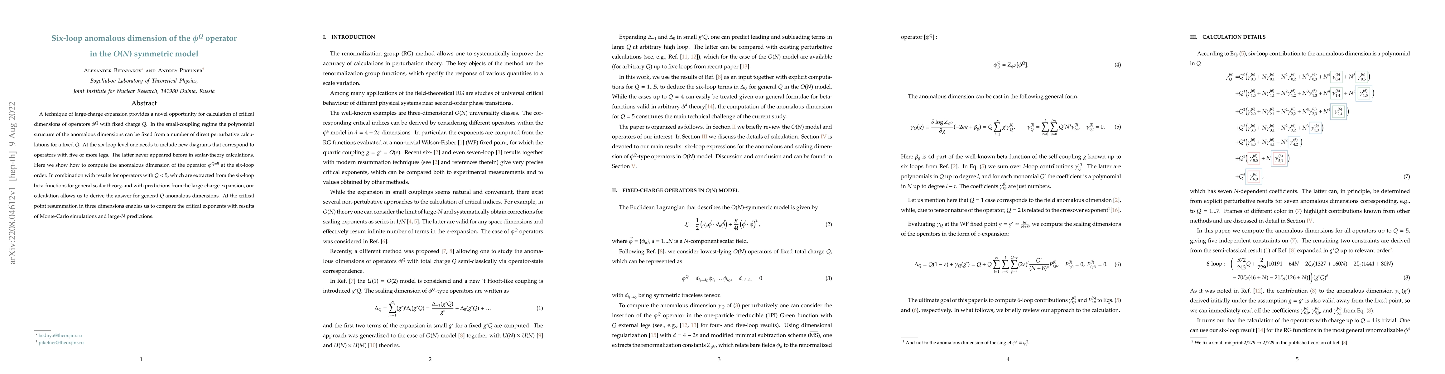 Thumbnail for Six-loop anomalous dimension of the $\phi^Q$ operator in the $O(N)$
  symmetric model
