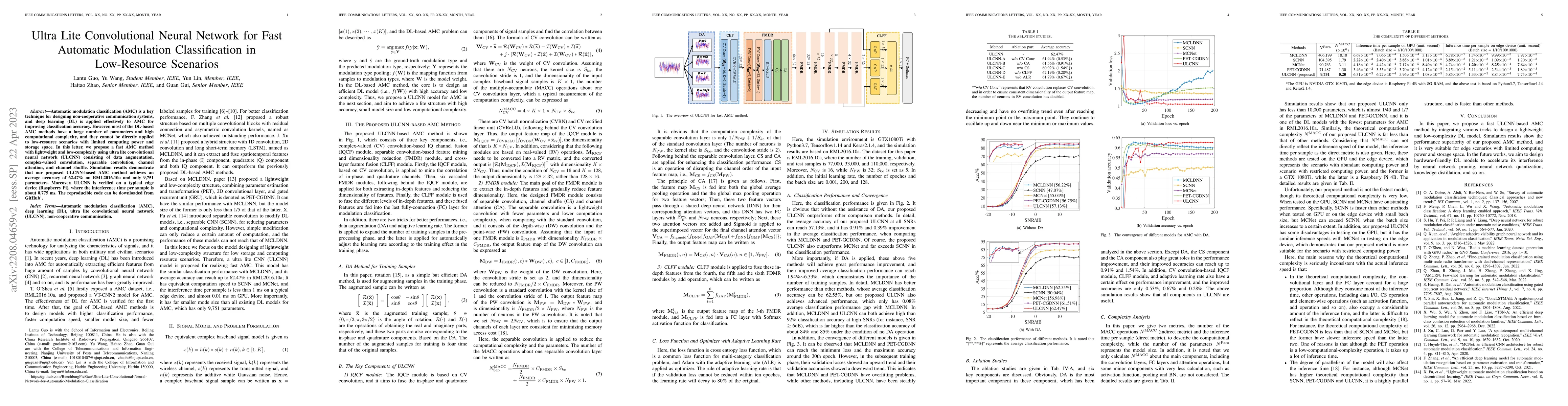 Thumbnail for Ultra Lite Convolutional Neural Network for Fast Automatic Modulation
  Classification in Low-Resource Scenarios