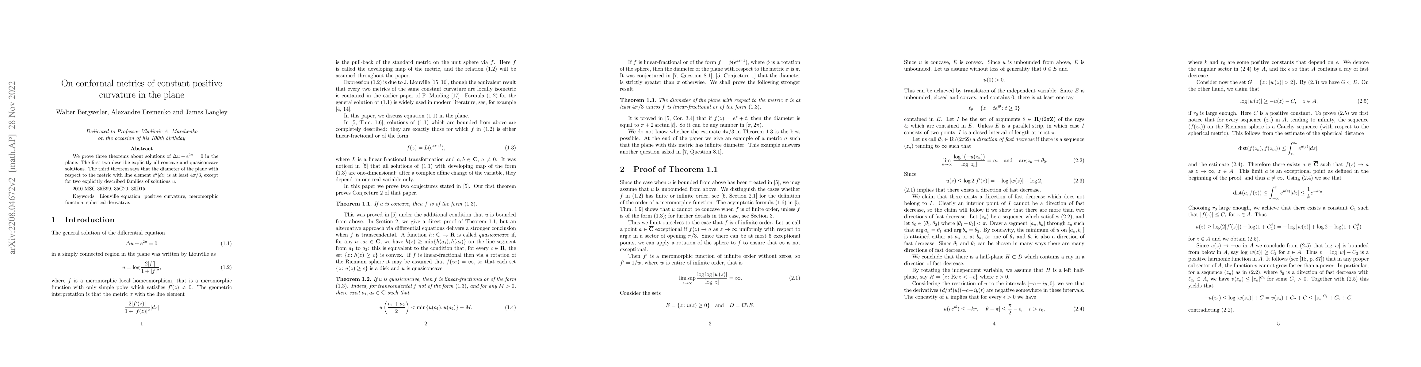 Thumbnail for On conformal metrics of constant positive curvature in the plane