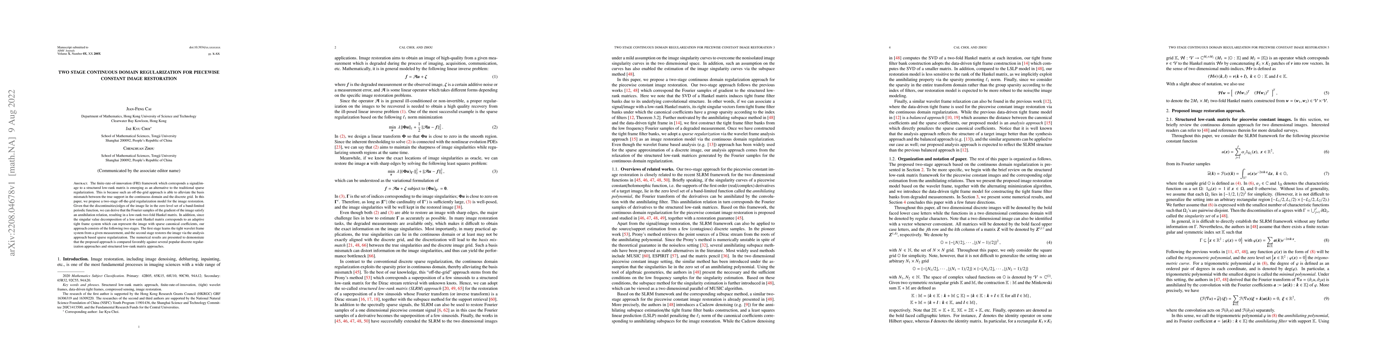 Thumbnail for Two Stage Continuous Domain Regularization for Piecewise Constant Image
  Restoration