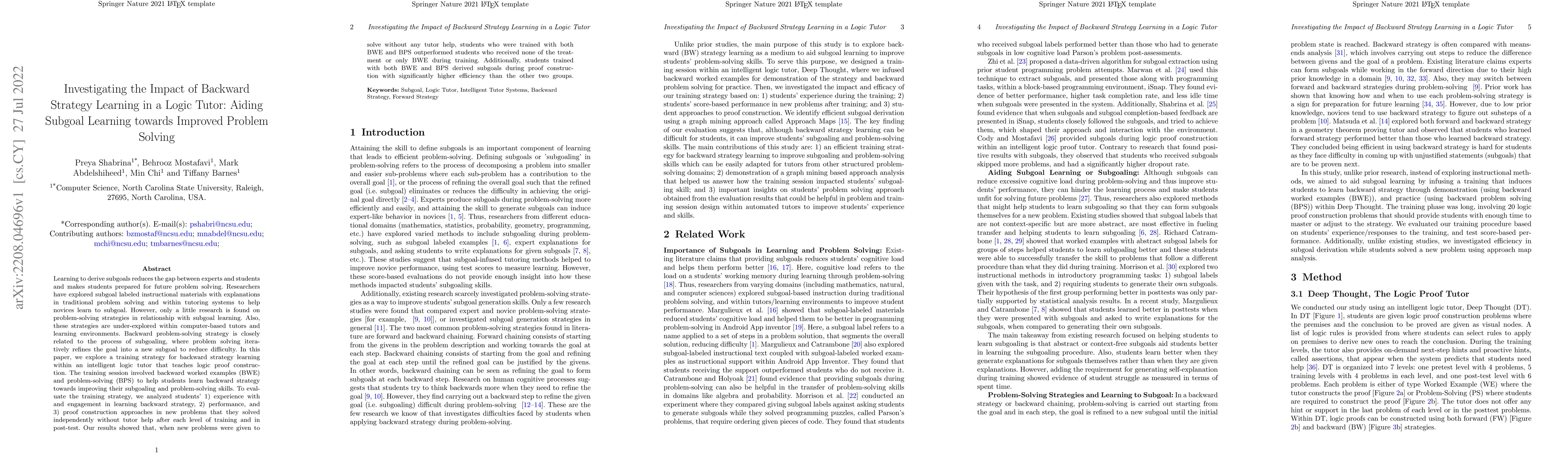 Thumbnail for Investigating the Impact of Backward Strategy Learning in a Logic Tutor:
  Aiding Subgoal Learning towards Improved Problem Solving