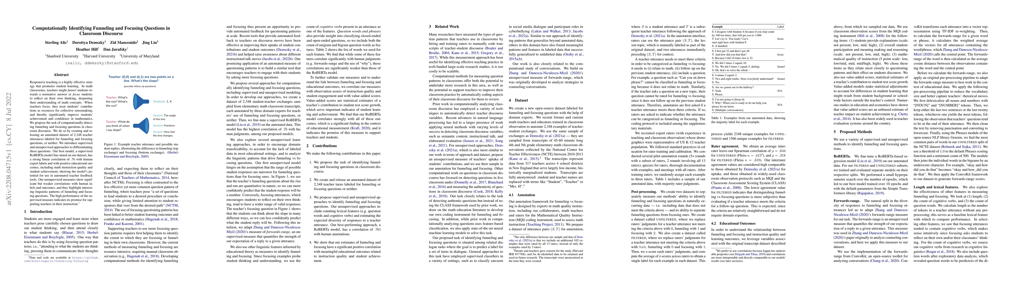 Thumbnail for Computationally Identifying Funneling and Focusing Questions in
  Classroom Discourse