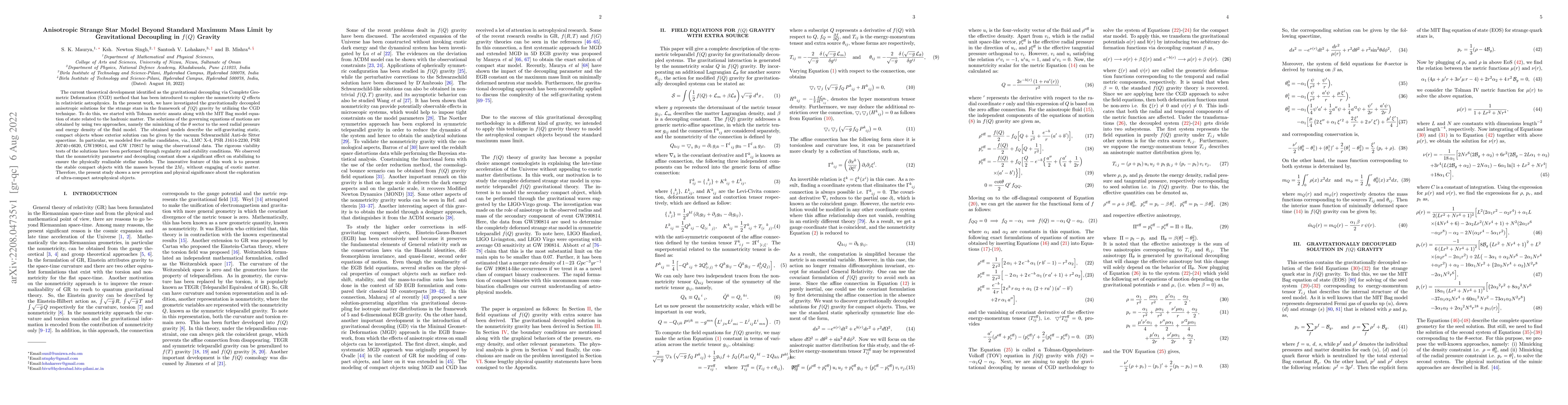 Thumbnail for Anisotropic Strange Star Model Beyond Standard Maximum Mass Limit by
  Gravitational Decoupling in $f(Q)$ Gravity