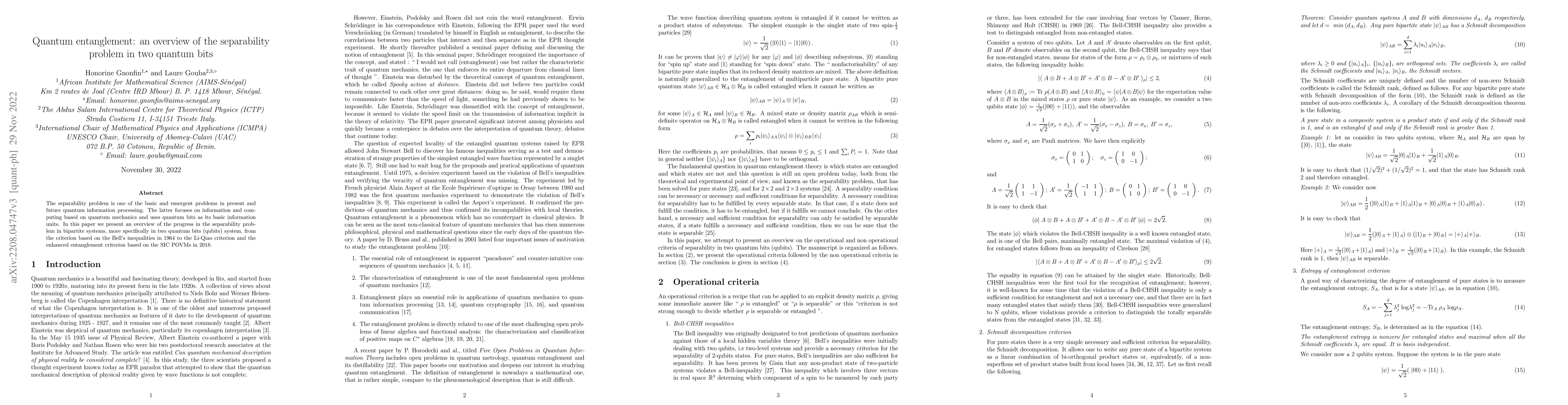Thumbnail for Quantum entanglement: an overview of the separability problem in two
  quantum bits