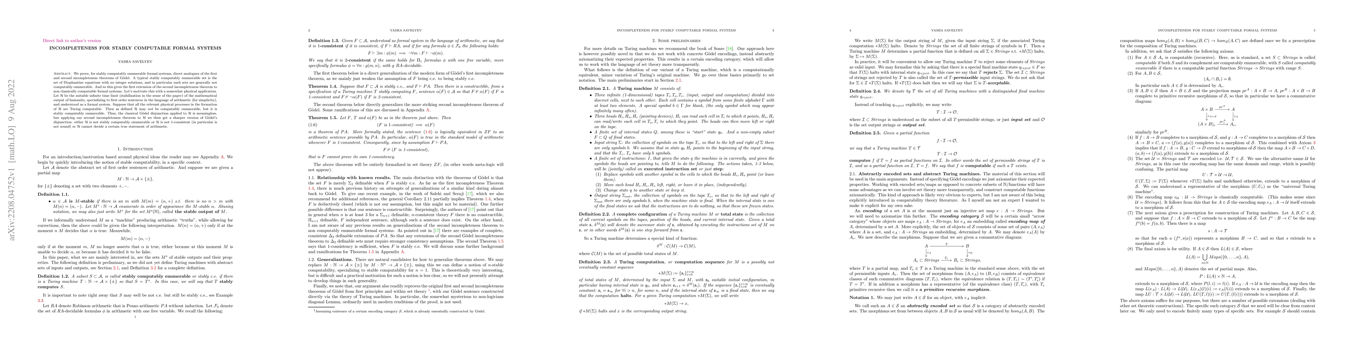 Thumbnail for Incompleteness for stably computable formal systems