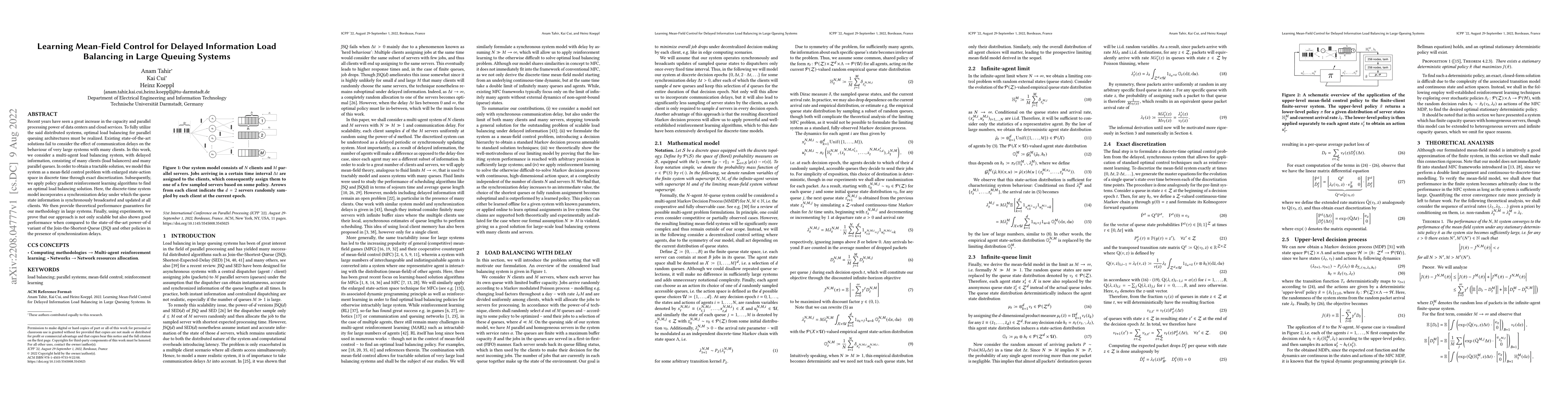 Thumbnail for Learning Mean-Field Control for Delayed Information Load Balancing in
  Large Queuing Systems