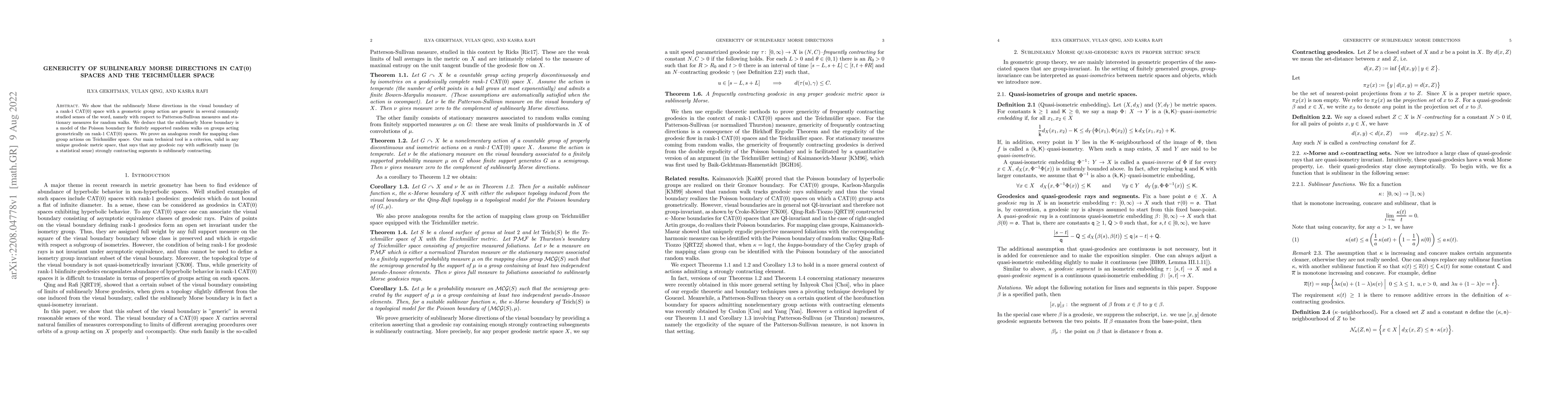 Thumbnail for Genericity of sublinearly Morse directions in CAT(0) spaces and the
  Teichm\"uller space