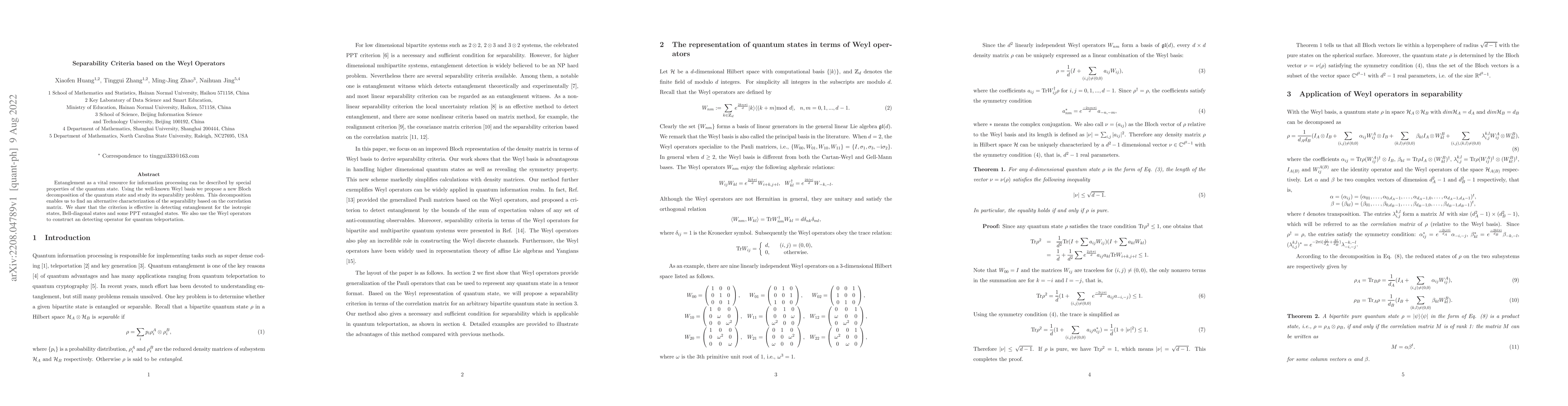 Thumbnail for Separability criteria based on the Weyl operators