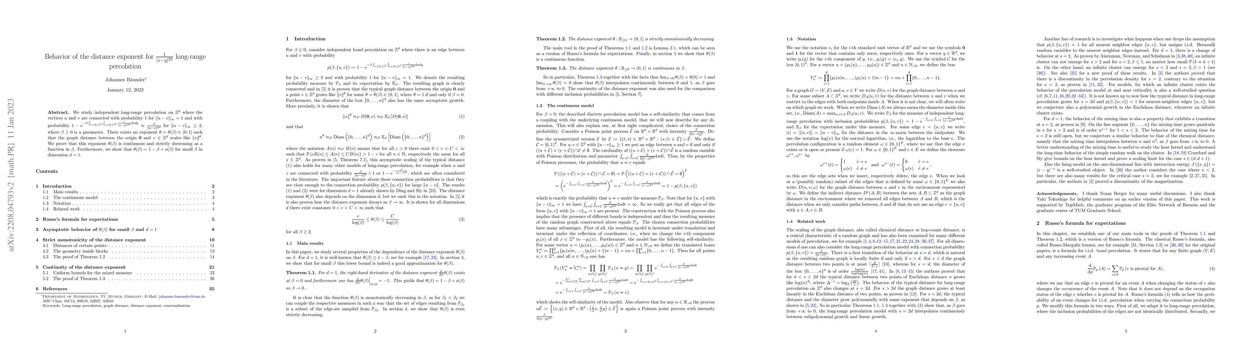 Thumbnail for Behavior of the distance exponent for $\frac{1}{|x-y|^{2d}}$ long-range
  percolation
