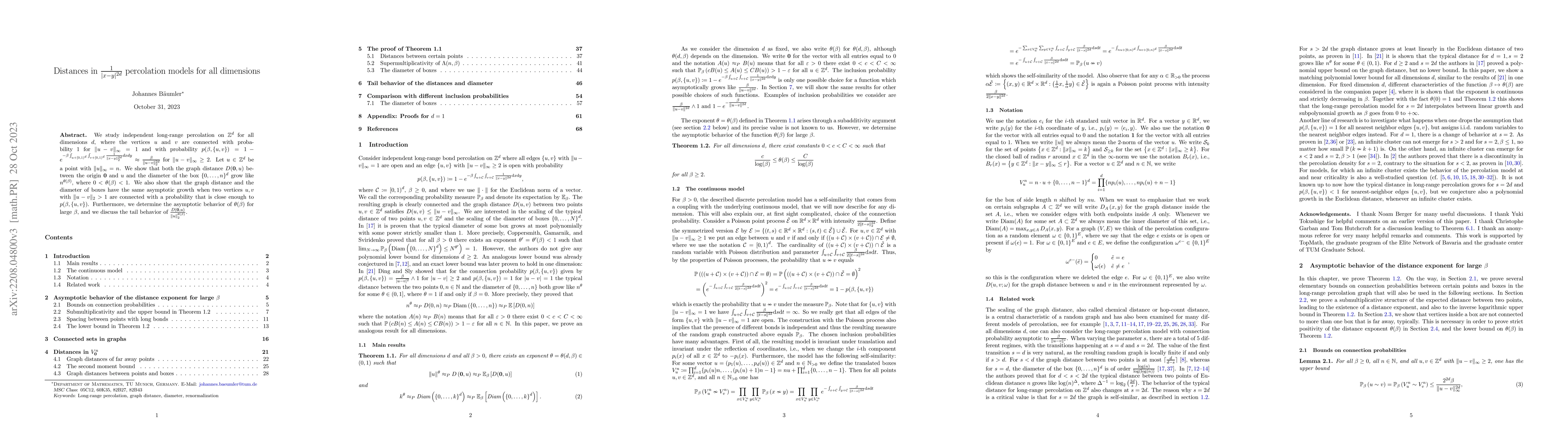 Thumbnail for Distances in $\frac{1}{|x-y|^{2d}}$ percolation models for all
  dimensions