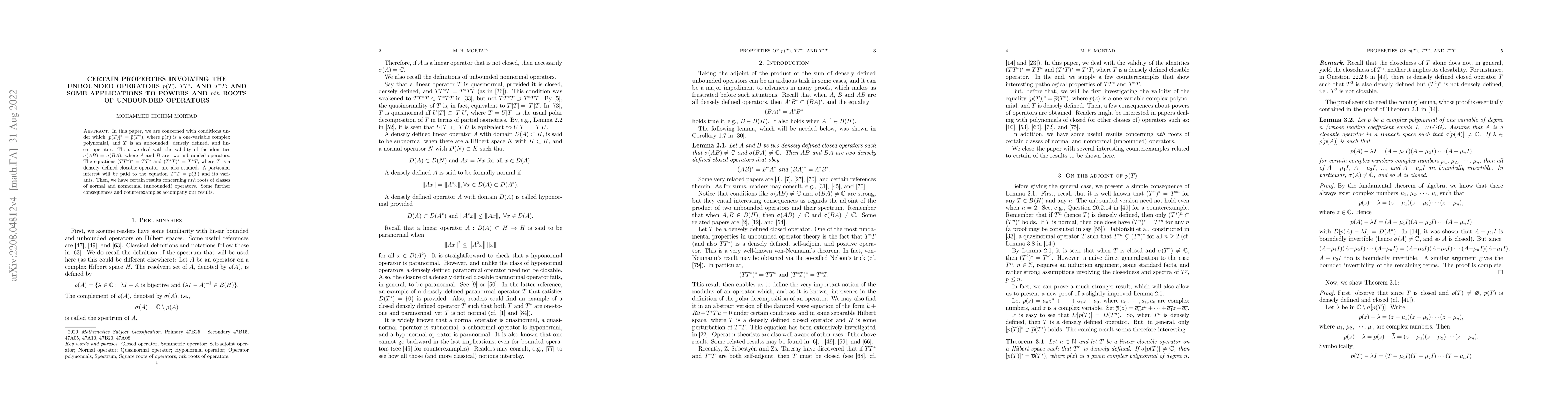 Thumbnail for Certain properties involving the unbounded operators $p(T)$, $TT^*$, and
  $T^*T$; and some applications to powers and $nth$ roots of unbounded
  operators