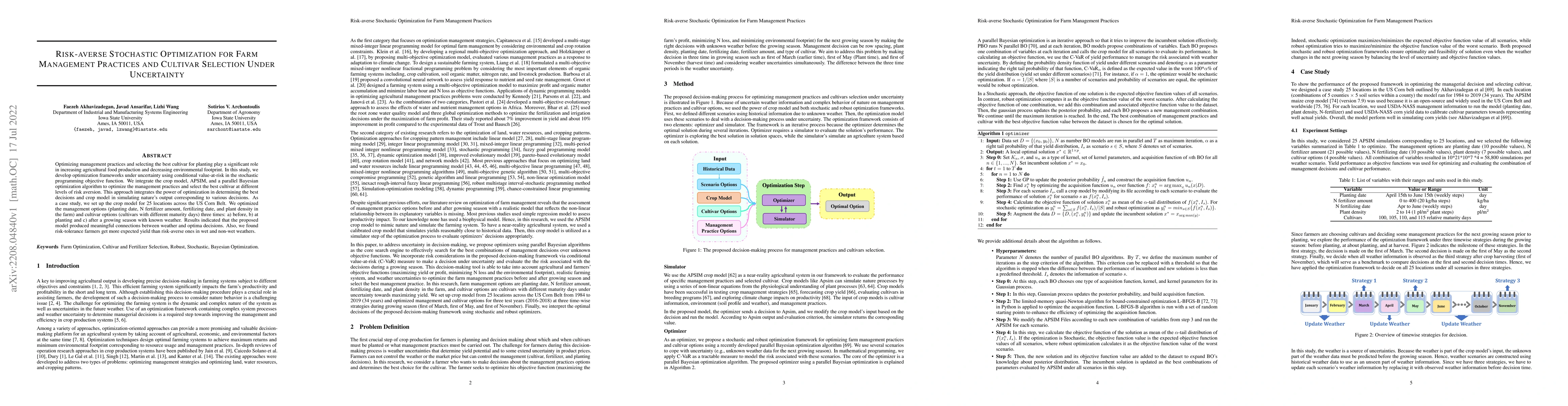 Thumbnail for Risk-averse Stochastic Optimization for Farm Management Practices and
  Cultivar Selection Under Uncertainty