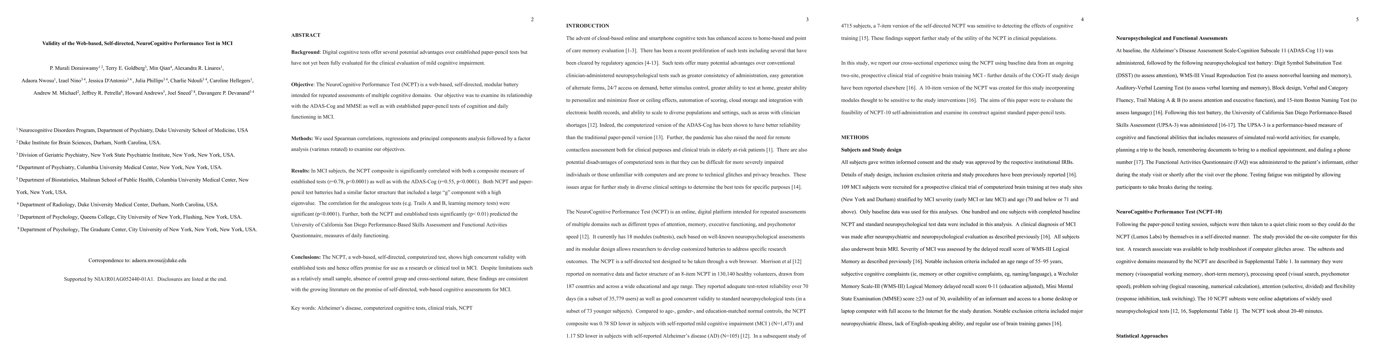 Thumbnail for Validity of Web-based, Self-directed, NeuroCognitive Performance Test in
  MCI